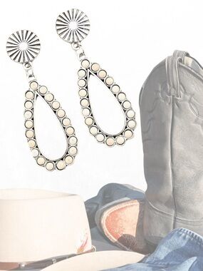Western Concho Teardrop Earrings Silver Cowgirl Statement Drop